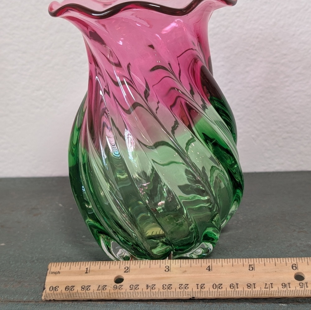 Vintage Teleflora Pink Green Watermelon Hand Blown Art Glass Ruffled Vase - Picture 10 of 10